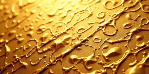 Close-up of a dazzling golden surface adorned with intricate swirls and elaborate patterns, radiating shine and elegance