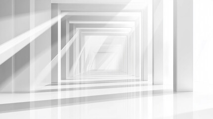 Fototapeta premium Monochrome image of a long, bright white corridor with columns and shadows. White walls, columns, niches, inclining walls, modern illustration.