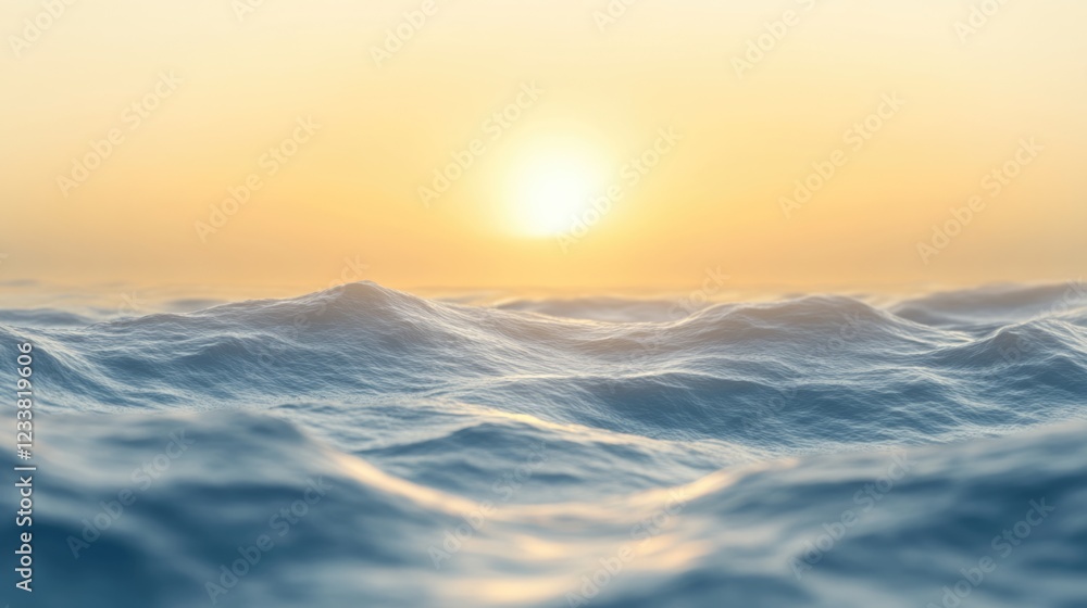 Poster serene sunrise over ocean waves with a warm morning glow and ample empty space for text or messaging