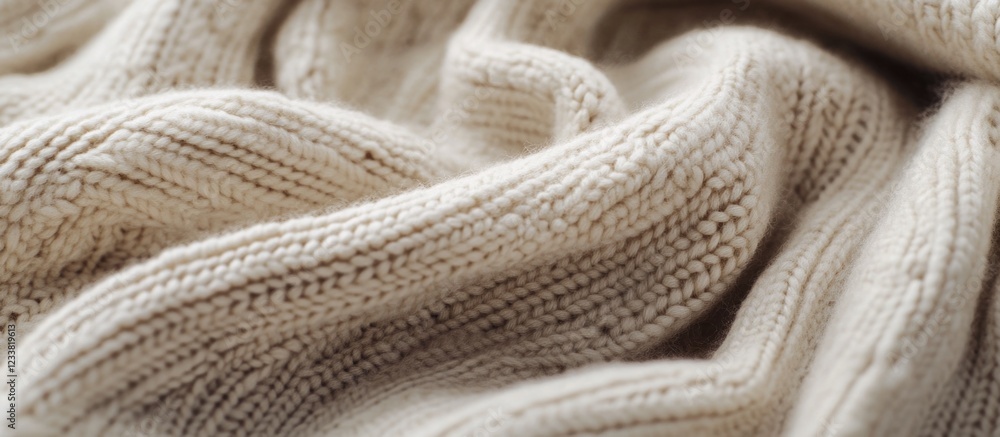 Poster Beige knitted fabric texture with soft fibers and folds ideal for background use with Copy Space