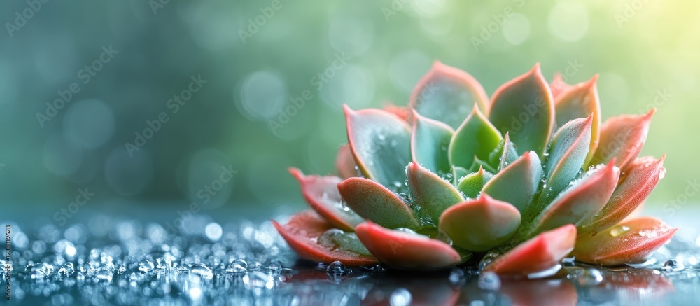Aufkleber close-up of succulent plant with water droplets on surface and blurred green background copy space