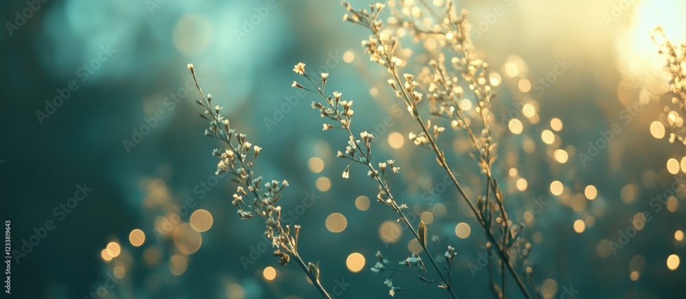 Poster close-up of dew-covered grass with bokeh effect and sunlit background copy space