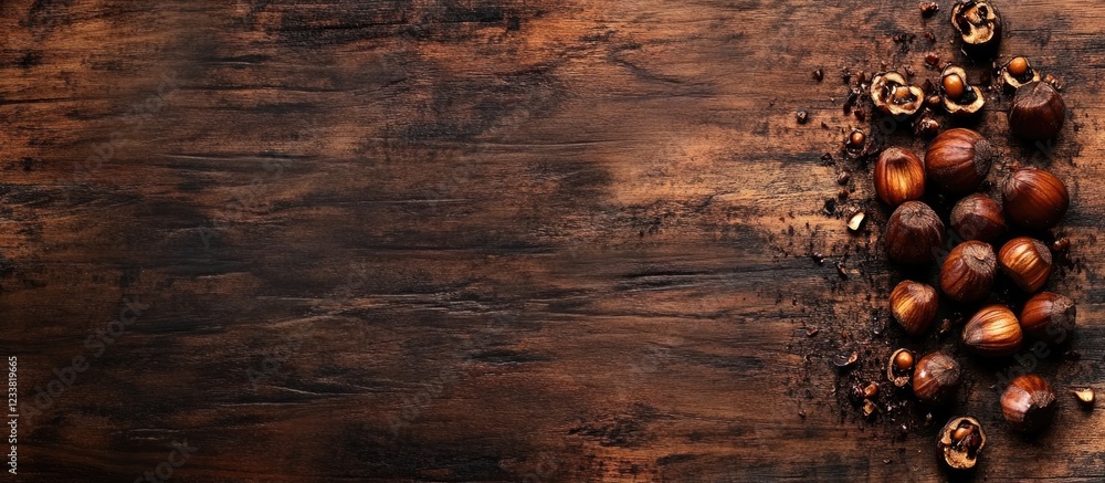 Poster hazelnuts on rustic wooden background with copy space for text.