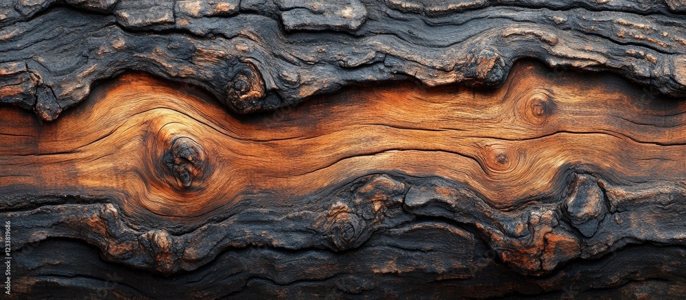 Poster Textured bark of a tree with contrasting brown and black hues showing natural patterns and grain details Copy Space