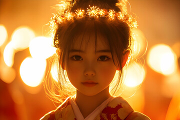 A Japan Coming of Age Day where the young adults are crowned with halos of light that float above their heads, symbolizing their transition into adulthood