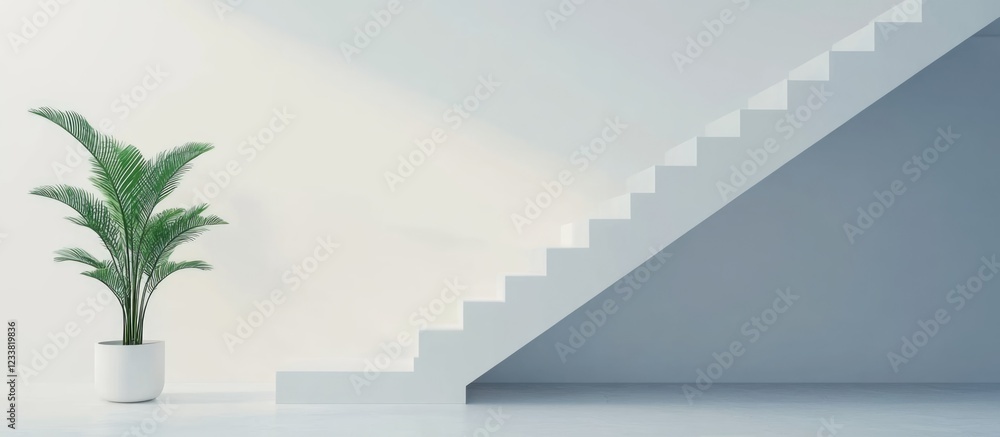 Poster modern interior with white staircase and potted plant in minimalist design showcasing ample copy spa