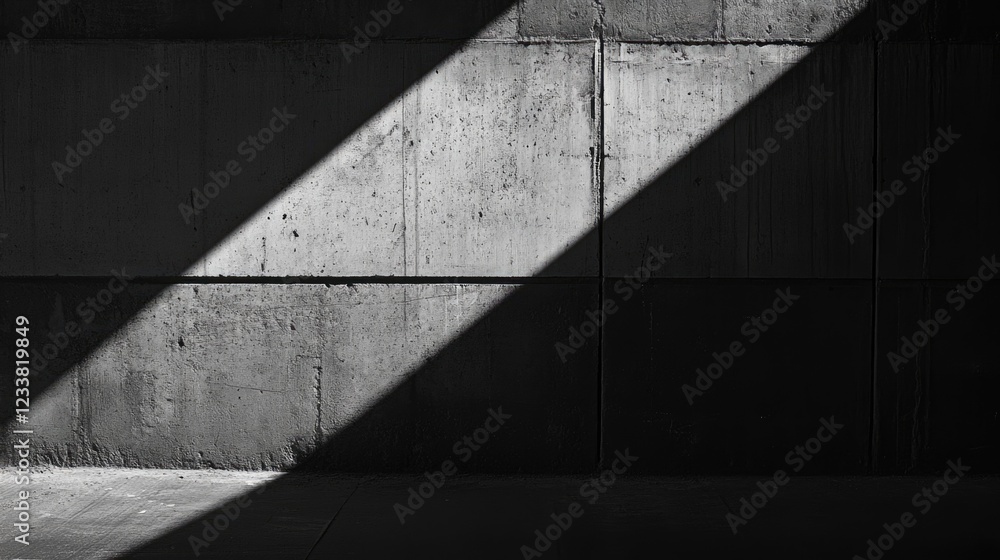Aufkleber Black and white concrete wall with diagonal light shadows creating a textured geometric pattern and ample copy space