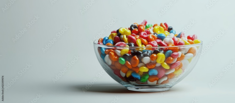 Poster colorful candy assortment in a glass bowl on a plain background with copy space for text
