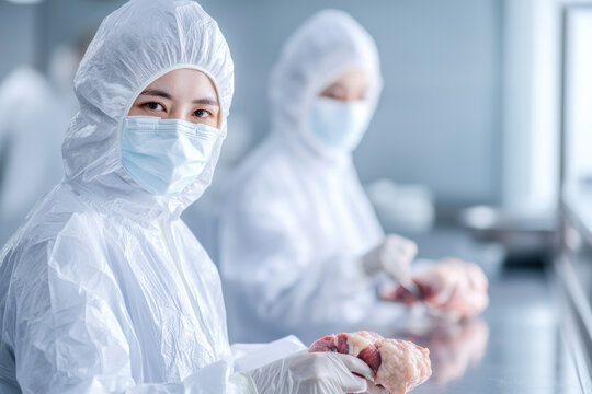 Workers in protective suits and masks handling meat in clean environment