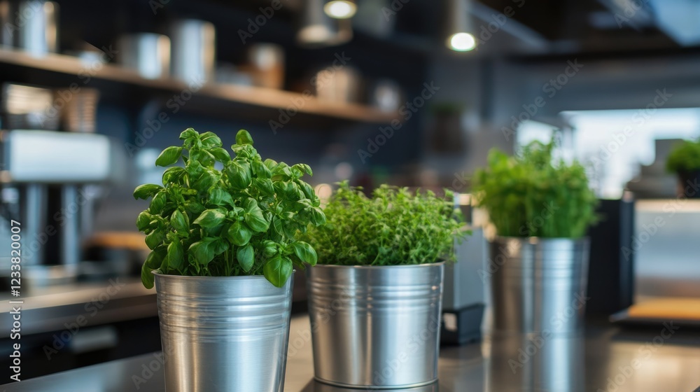 Poster potted basil and thyme plants in silver containers on a kitchen counter with modern decor and soft l