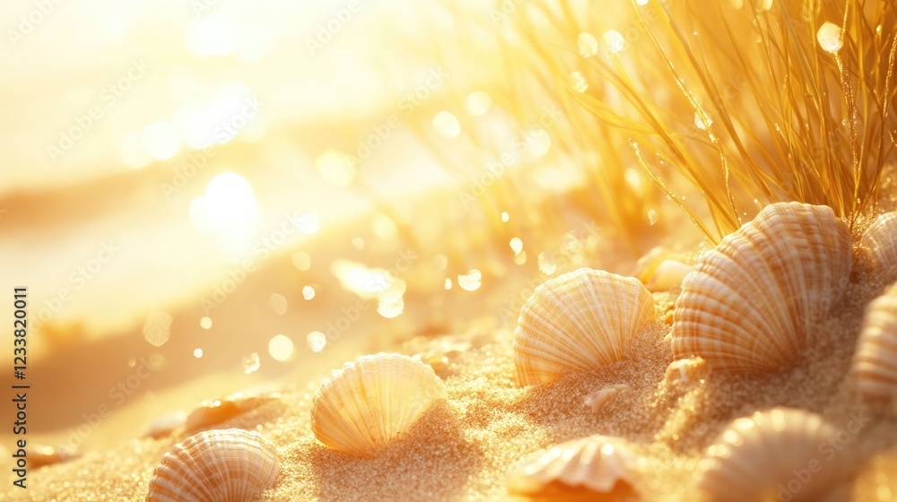 Poster warm sunlight illuminating seashells on sandy beach with soft focus background and space for text ov