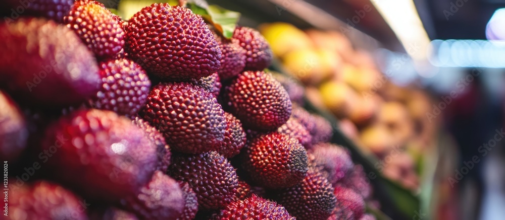 Poster fresh strawberries in a market display with vibrant colors and textures copy space