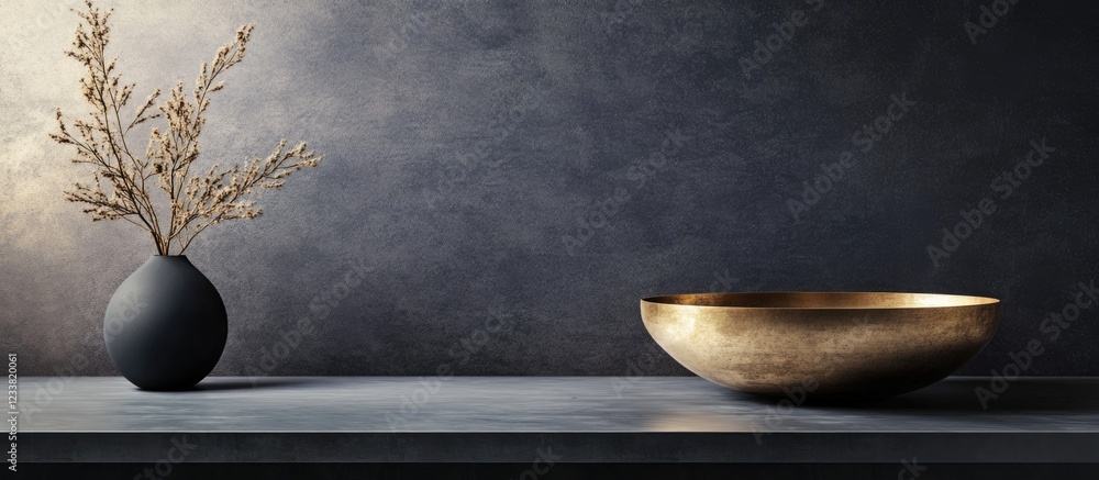 Poster stylish black vase with dried flowers next to a gold bowl on a textured dark background with copy sp