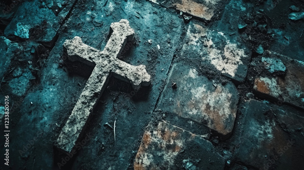 Poster weathered stone cross on a textured cobblestone surface with moss and dirt, natural light, copy spac