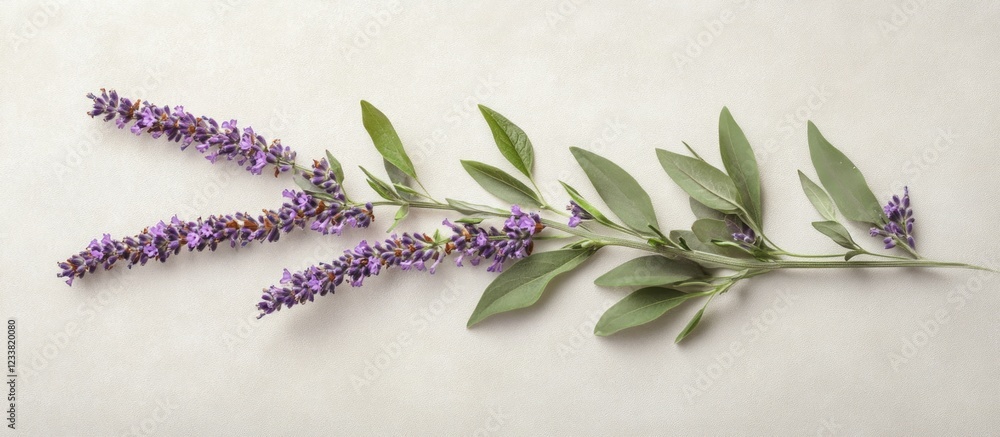 Poster purple flowering branch with green leaves on a light background with copy space for text