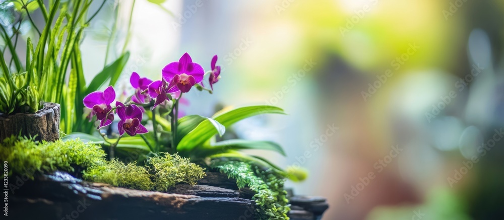 Aufkleber Vibrant orchids and lush greenery in a natural setting with soft blurred background and copy space for text