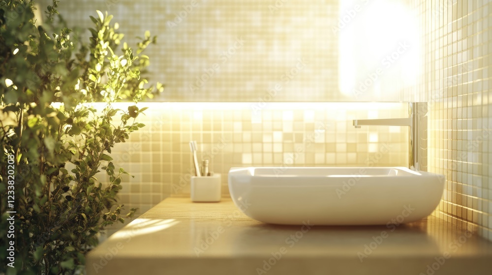 Aufkleber modern tiled bathroom illuminated by sunlight featuring sleek sink and inviting greenery with ample 