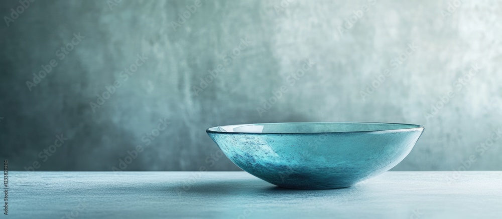 Poster Simple glass bowl on a smooth surface with a textured gray background and Copy Space for text placement.