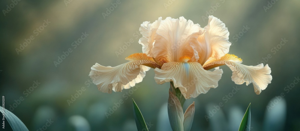 Poster peach iris flower with delicate petals against a soft green background with copy space