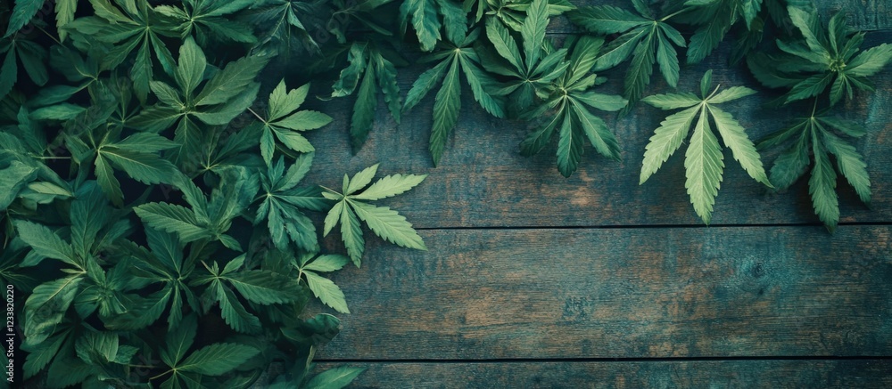 Aufkleber green leaves arranged on rustic wooden background with copy space for text placement