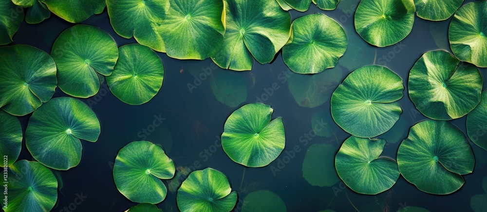 Aufkleber Aerial view of green lily pads floating on calm water surface with dark reflections and ample Copy Space for text placement.