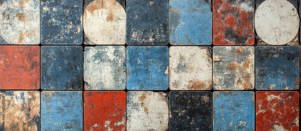 Poster weathered multicolored vintage tiles with geometric pattern and distressed texture