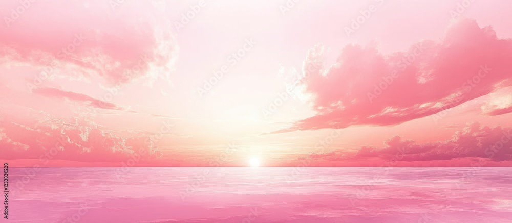 Poster serene pink sunset over calm waters with ample negative space for text in a tranquil seashore settin