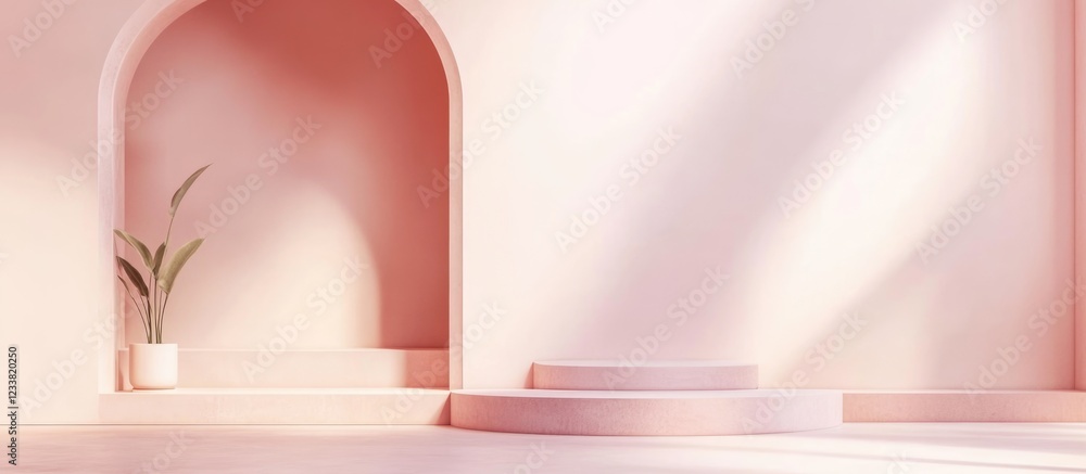 Poster minimalist interior with soft pink walls, arched architecture, and a potted plant adding a touch of 