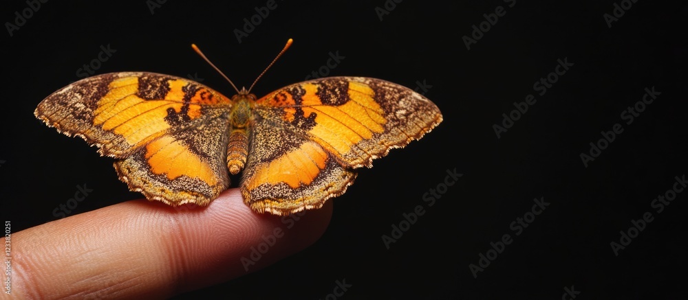 Poster stunning southern crescent butterfly perched on a finger with ample empty space for custom text agai
