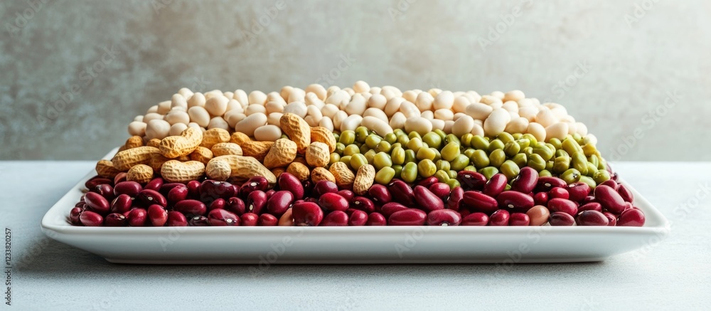 Poster assorted variety of beans and nuts arranged in layers on a white plate with neutral background and c