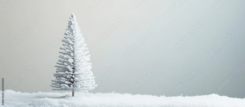 Poster Snow-covered evergreen tree in a winter landscape with soft gradient background and ample copy space for text.