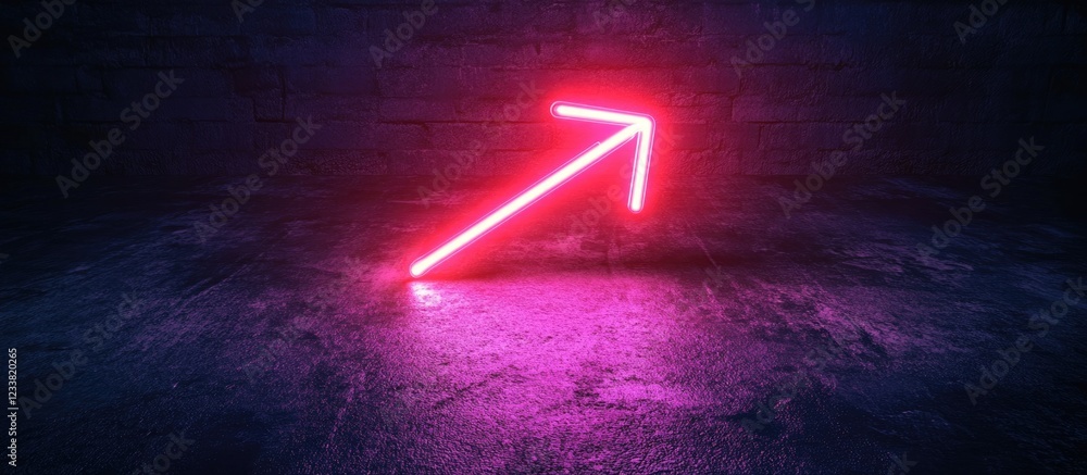 Poster Neon pink arrow pointing upwards on a dark textured background with reflective surface and copy space for text.