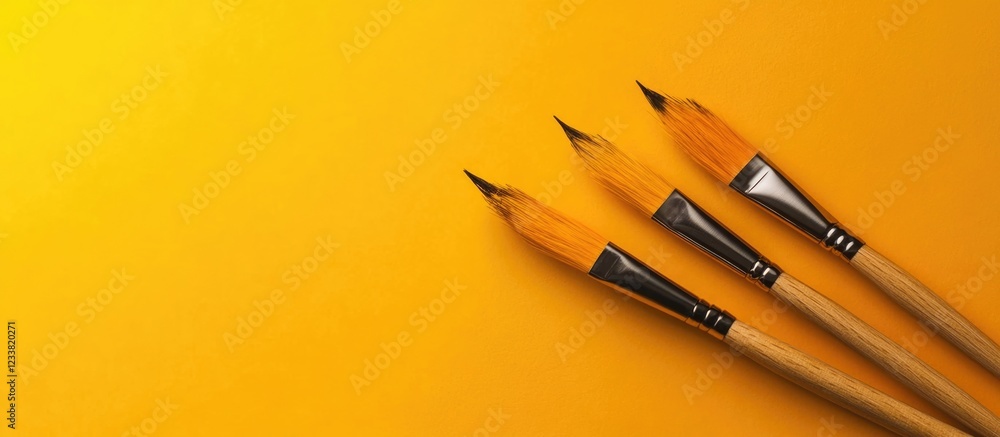 Poster Paintbrushes on vibrant yellow background with copy space for text and artistic design elements
