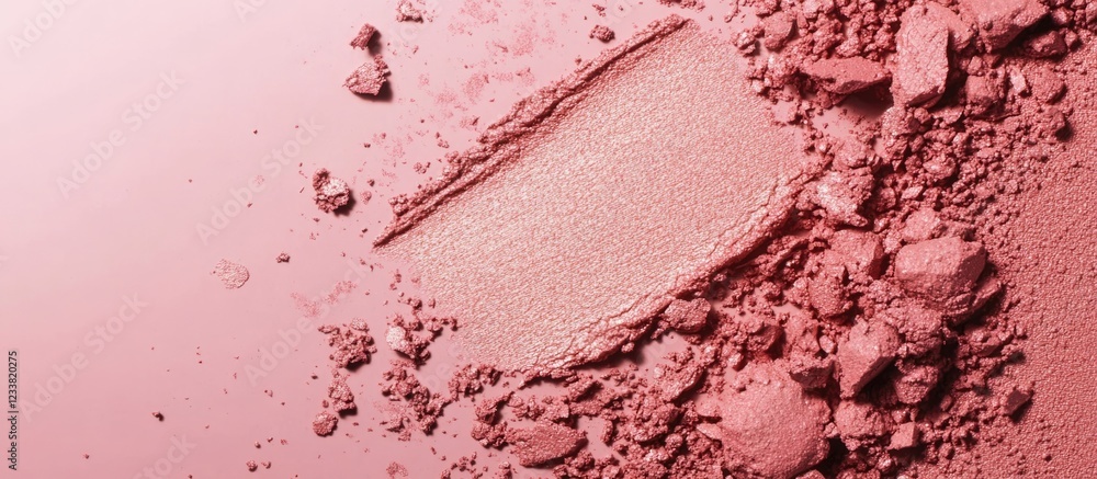 Poster Pink powder texture with a smudge and scattered particles on a soft pink background with Copy Space for text placement