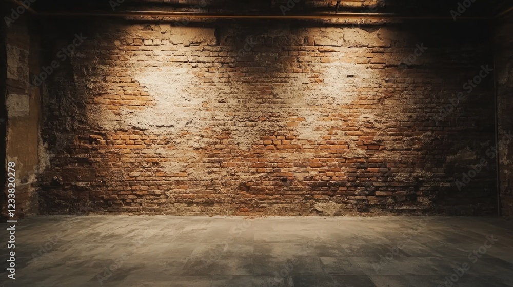 Fototapete textured brick wall in an empty room with dramatic lighting and copy space on the floor for placemen