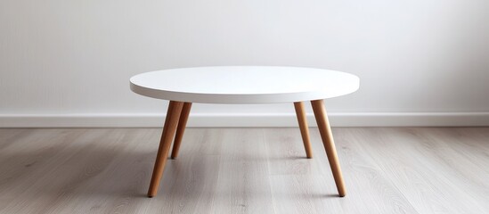 White round coffee table with wooden legs on light wooden floor against a minimalistic wall with copy space