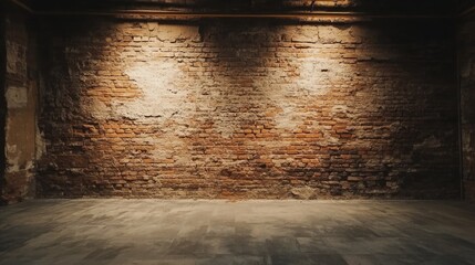 Textured brick wall in an empty room with dramatic lighting and Copy Space on the floor for placement of text or graphics.