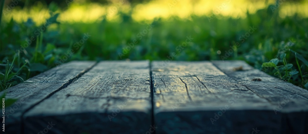 Poster wooden plank on grass surface with blurred background and copy space for text