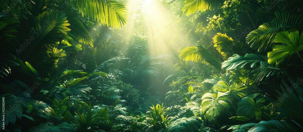 Poster lush green tropical rainforest with sunlight filtering through dense foliage and copy space for text