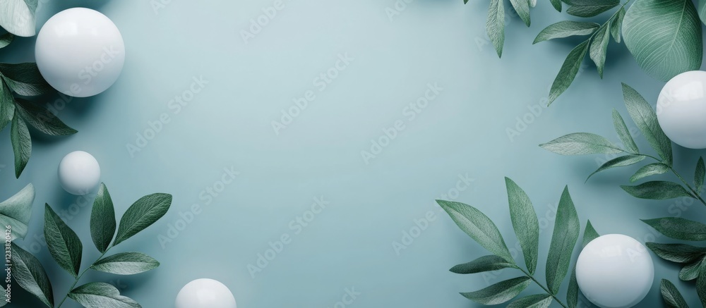 Poster greenery and decorative white spheres on blue background with copy space for text