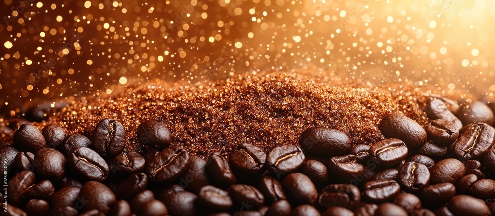 Poster freshly ground coffee on a bed of roasted coffee beans with a sparkling golden background and copy s