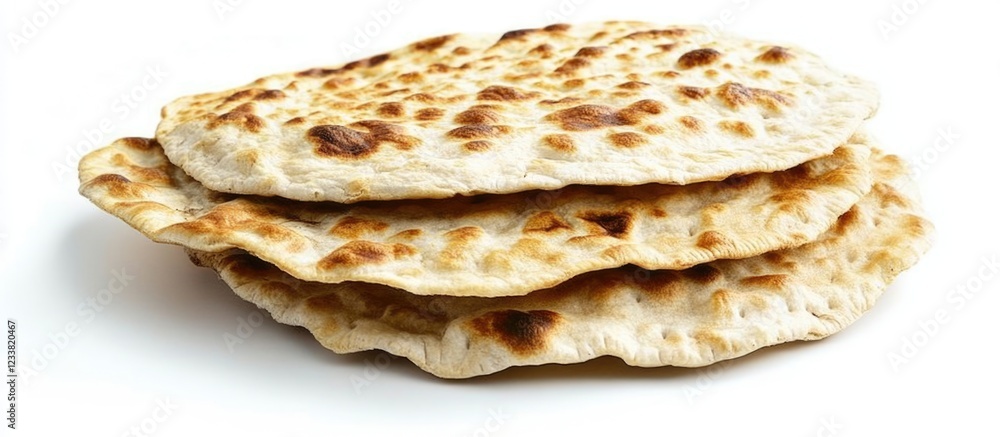 Poster Freshly baked flatbreads stacked on a white background with Copy Space for text insertion