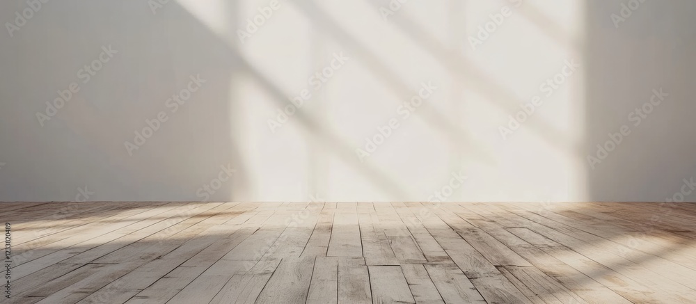 Poster empty room with wooden floor and sunlight shadows creating a dramatic effect on white wall copy spac