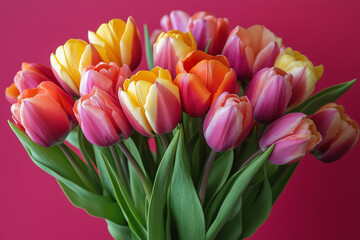 Fototapeta premium Bouquet of blooming tulips against pink background