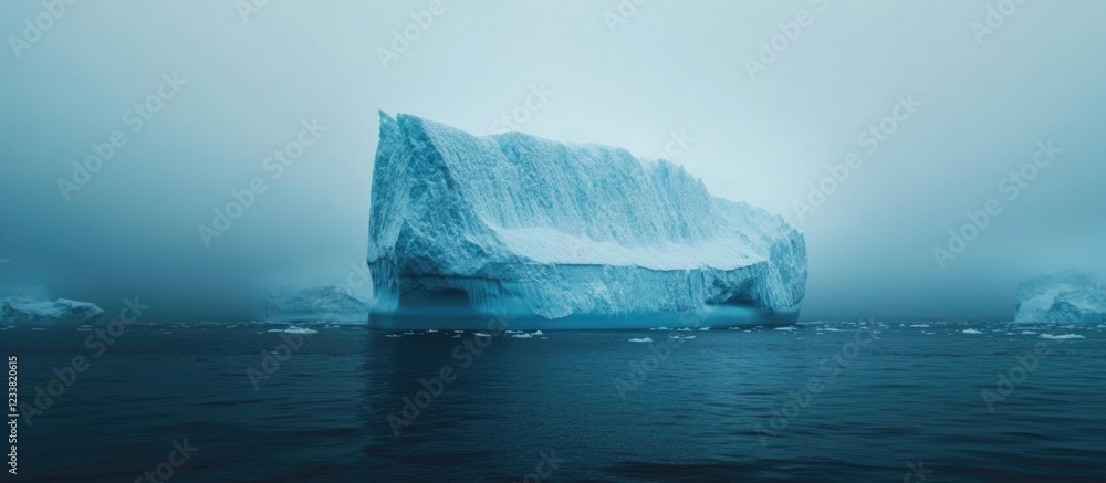 Aufkleber iceberg floating in calm water with misty atmosphere and copy space for text