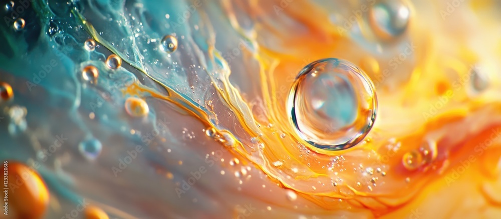 Poster abstract colorful background with water droplet and fluid patterns in orange and blue tones with cop