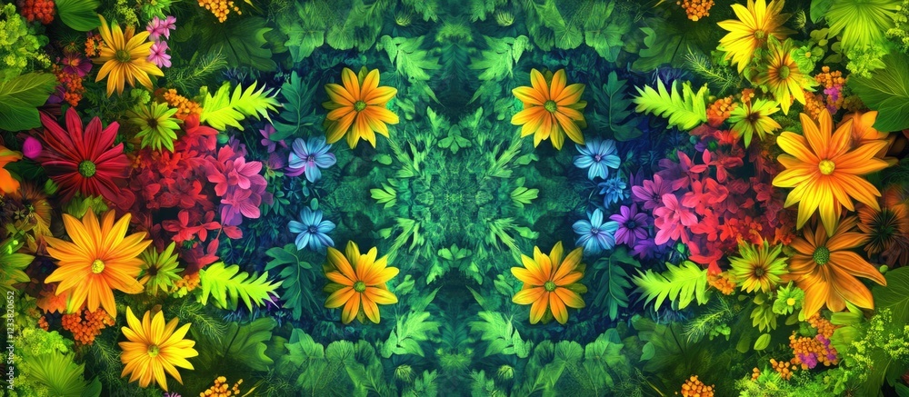 Poster colorful floral pattern with vibrant flowers and greenery on a dark background featuring copy space 