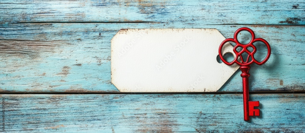 Aufkleber Vintage red skeleton key on rustic wooden table with blank white tag and copy space for text.