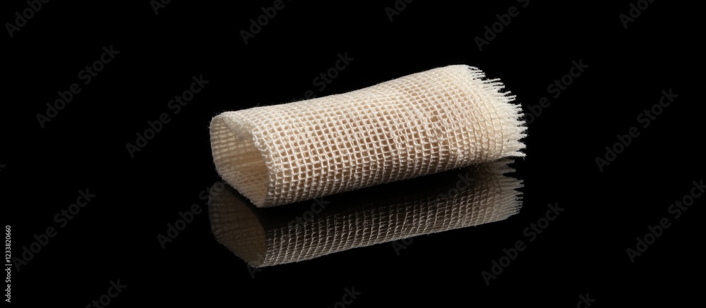 Poster Textured cylindrical object with a woven appearance on a reflective black surface with copy space for text.