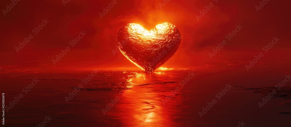 Poster Glowing heart shape made of molten material in a red and smoky atmosphere with reflective water surface and copy space.